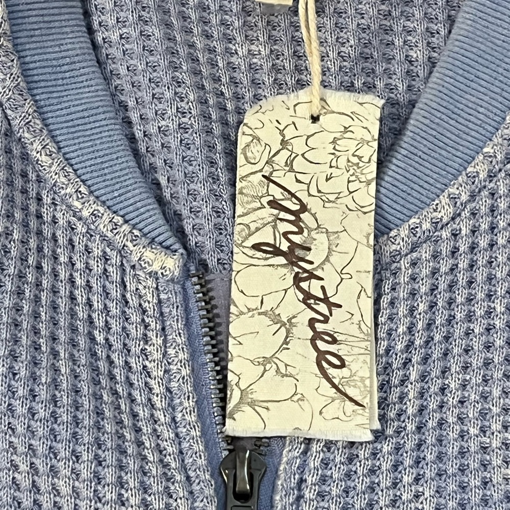 Mystree Light Blue Textured Waffle Knit Zip-Up Hoodie Sweatshirt - Picture 7 of 7